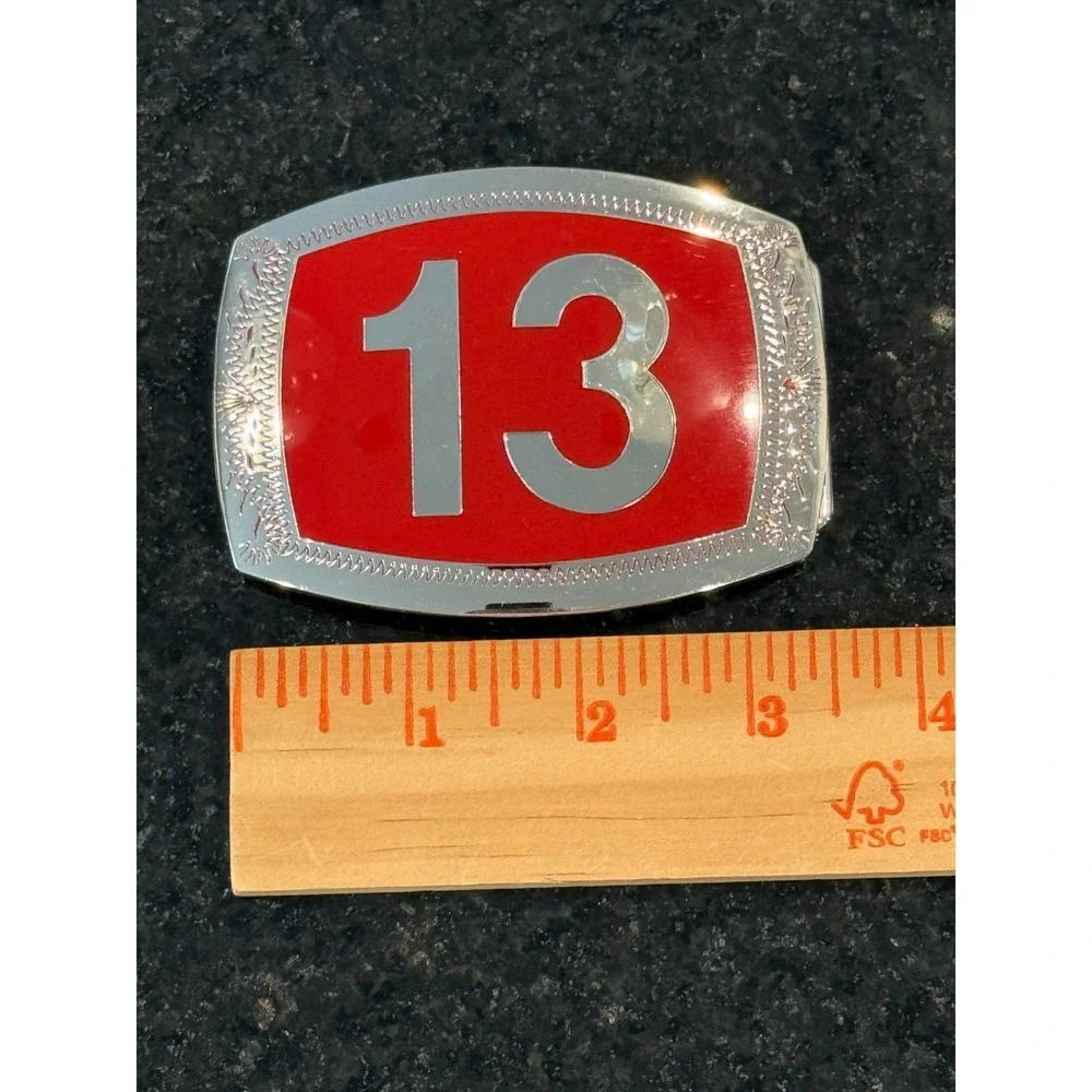 VTG Belt Buckle Red Enamel Background # 13 Polished Etched‎ Metal Streetwear